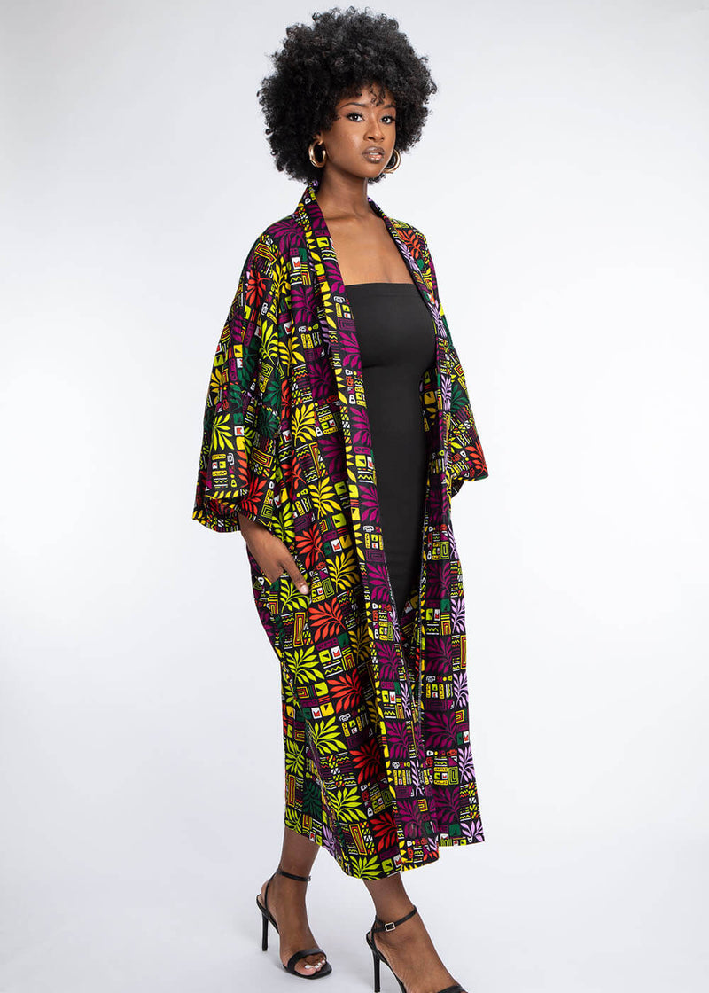 Efia Women's African Print Kimono (Black Tropical Leaves)