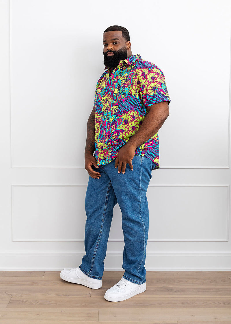 Tahir Men's African Print Button-Up Shirt (Aqua Flowers)