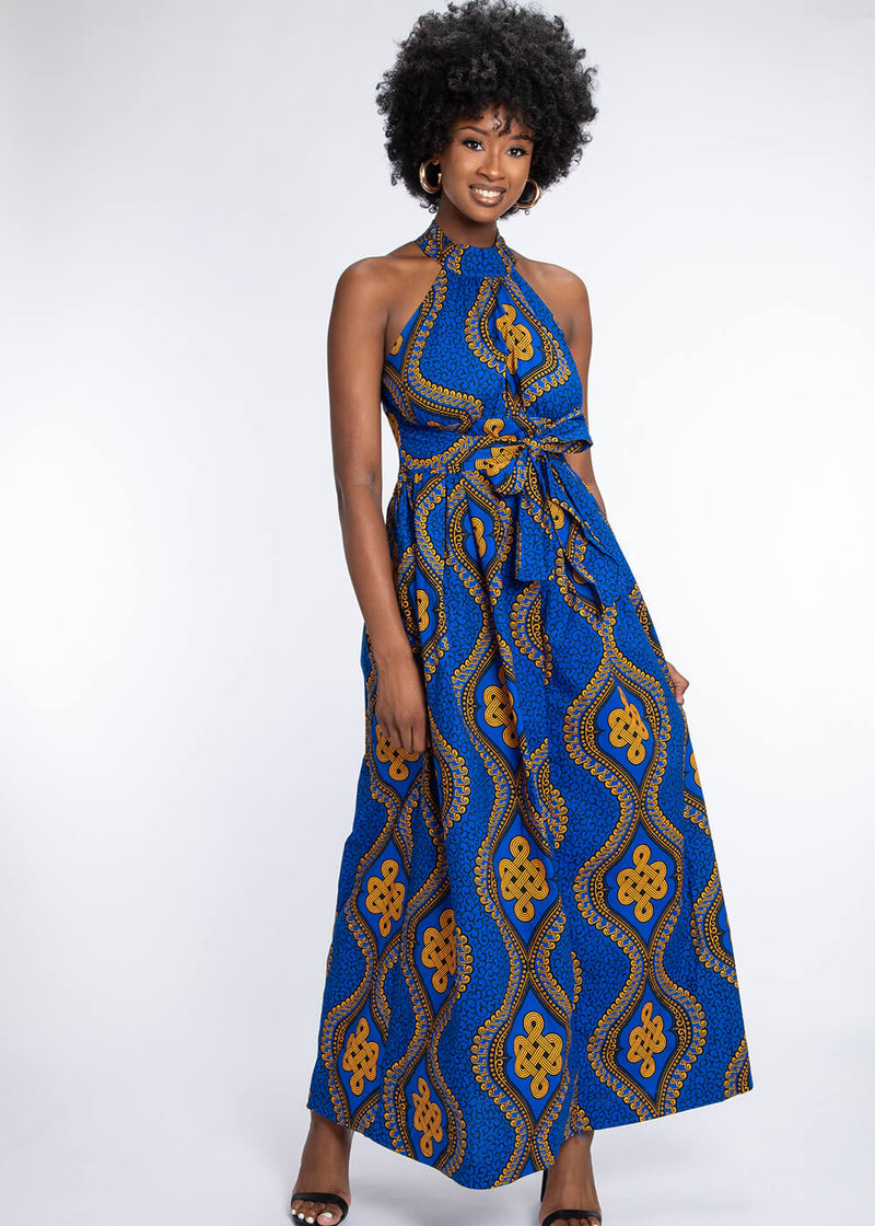 Ronke Women's African Print Maxi Dress (Gold Blue Motif)