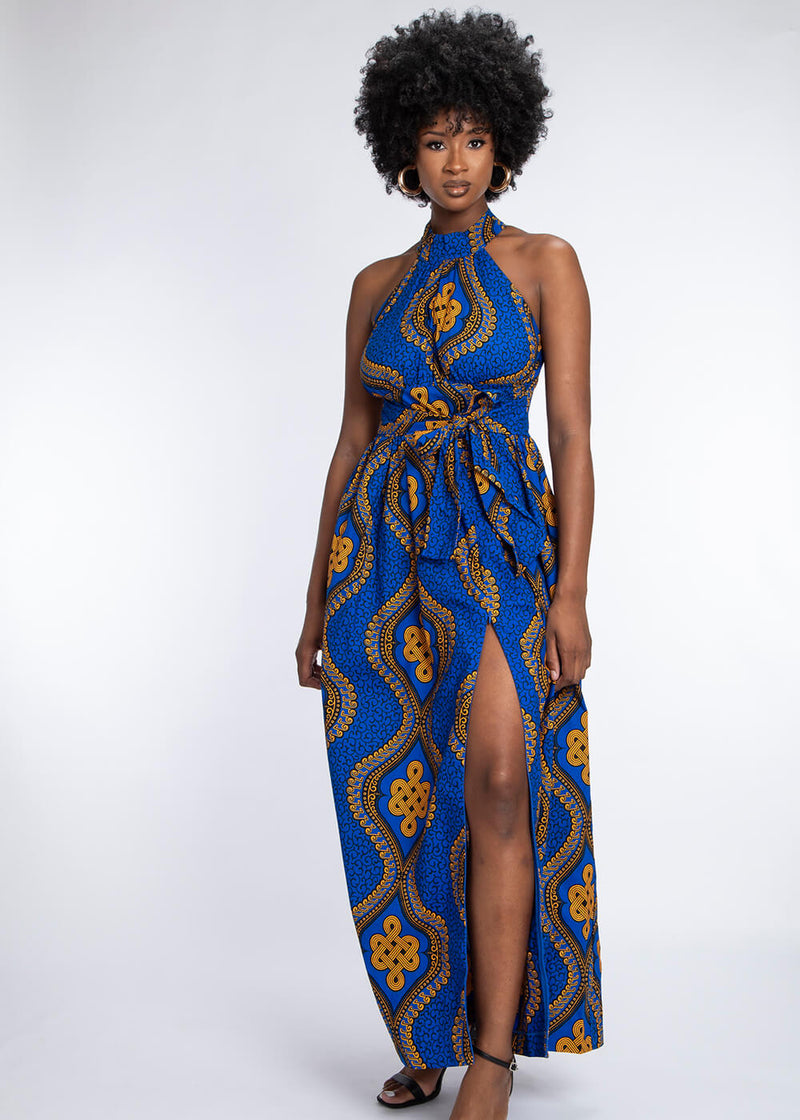 Ronke Women's African Print Maxi Dress (Gold Blue Motif)