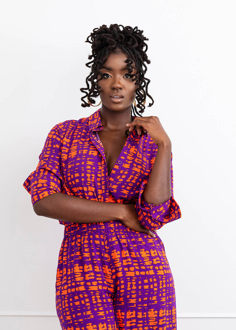 Kwamena Women's African Print Button-Up (Purple Tangerine Adire)