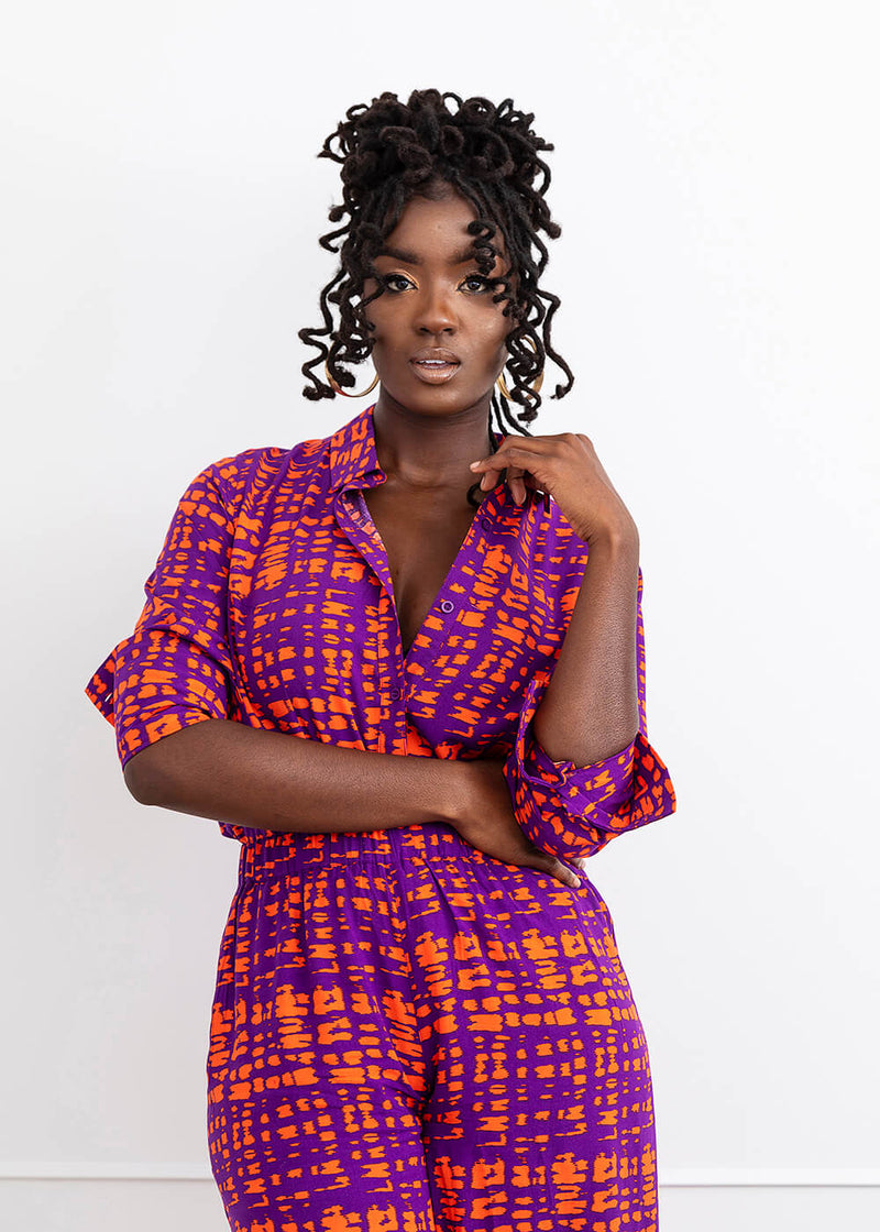 Kwamena Women's African Print Button-Up Shirt (Purple Tangerine Adire)