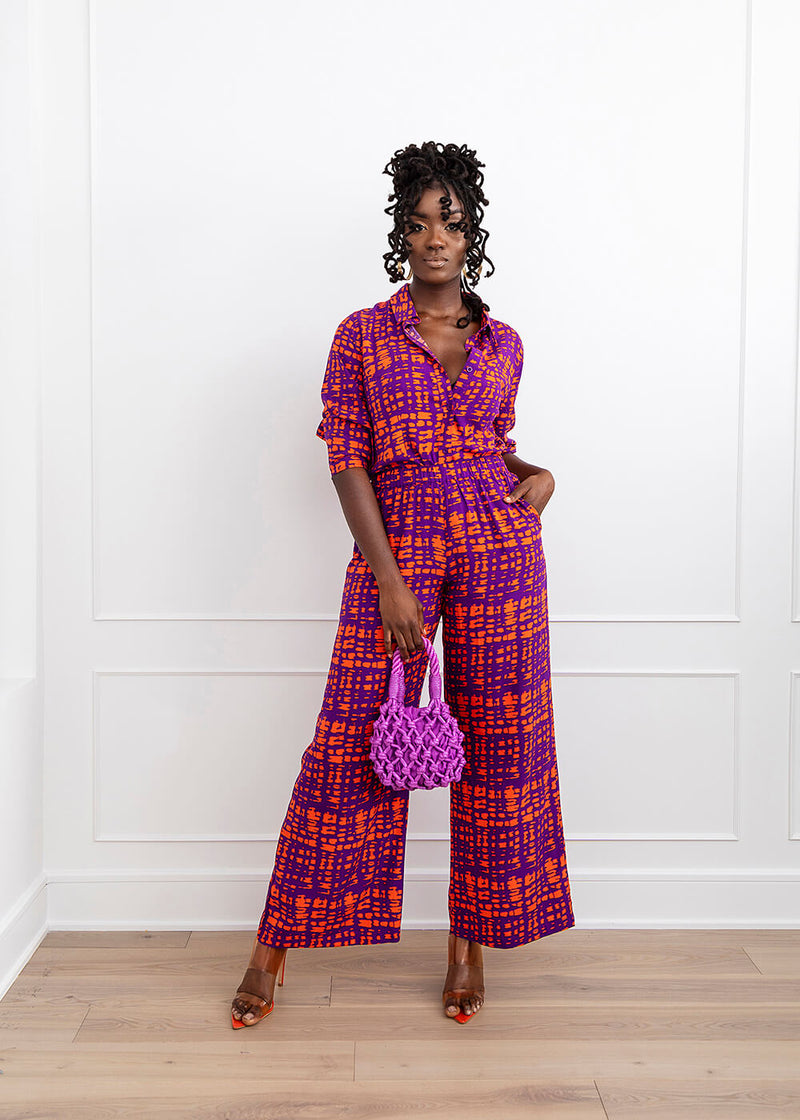 Kwamena Women's African Print Button-Up (Purple Tangerine Adire)