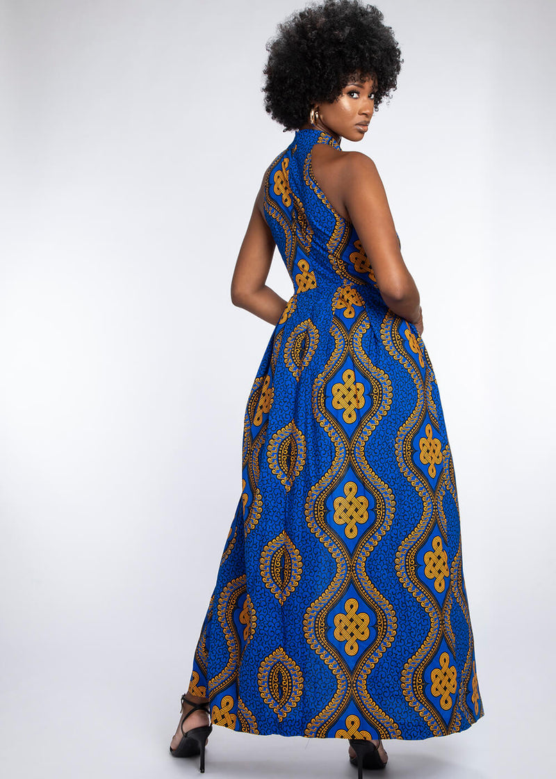 Ronke Women's African Print Maxi Dress (Gold Blue Motif)