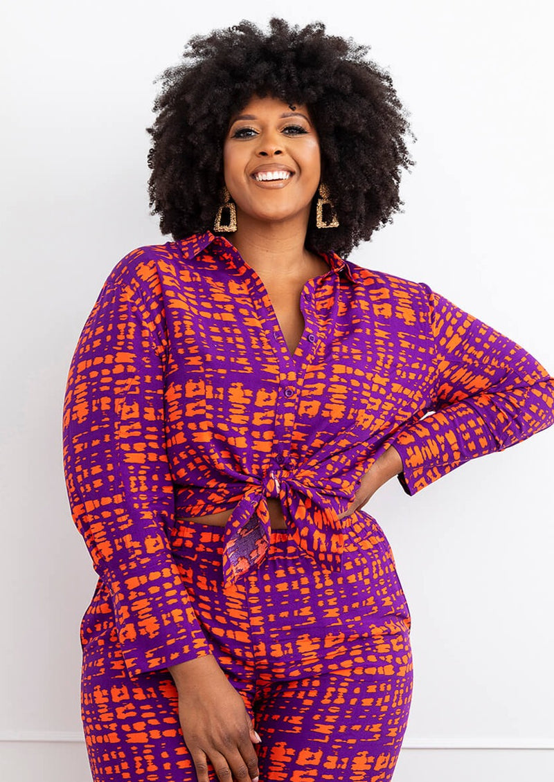 Kwamena Women's African Print Button-Up (Purple Tangerine Adire)