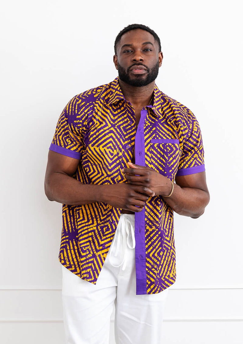 Tisholo Men's African Print Button-Up Shirt (Purple Diamond Adire)