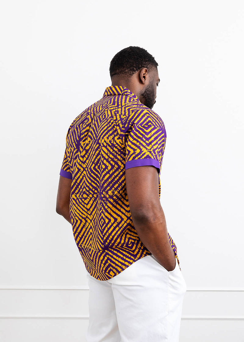 Tisholo Men's African Print Button-Up Shirt (Purple Diamond Adire)