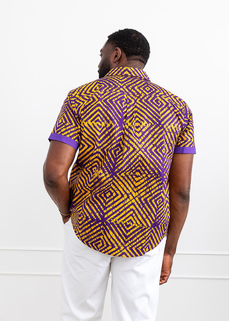 Tisholo Men's African Print Button-Up Shirt (Purple Diamond Adire)