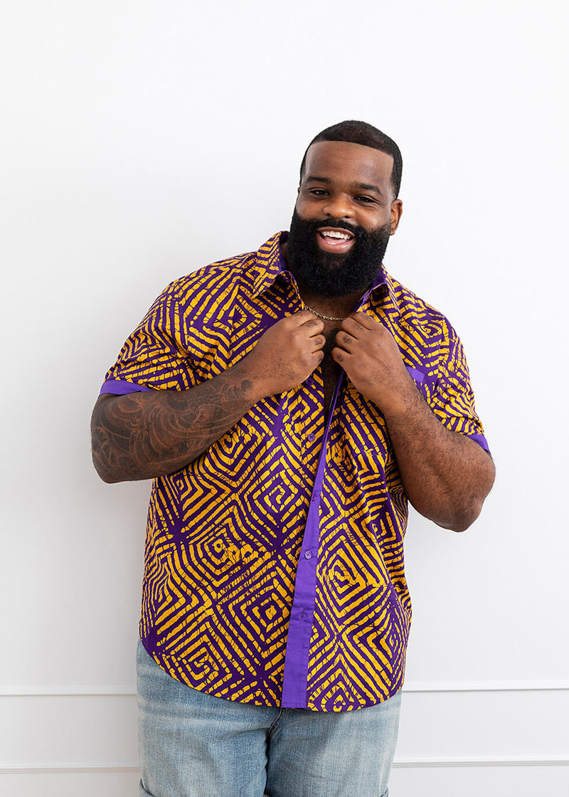 Tisholo Men's African Print Button-Up Shirt (Purple Diamond Adire)