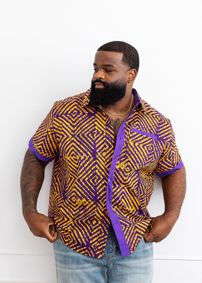 Tisholo Men's African Print Button-Up Shirt (Purple Diamond Adire)