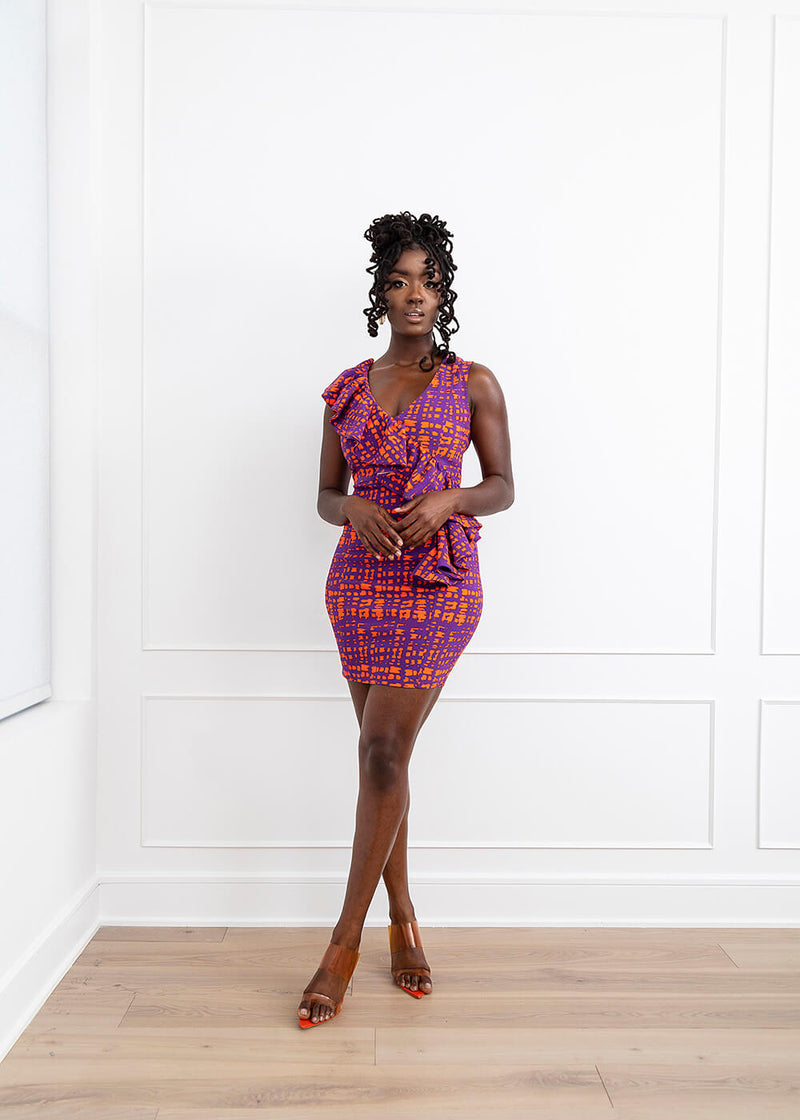 Aretta Women's African Print Stretch Dress (Purple Tangerine Adire)