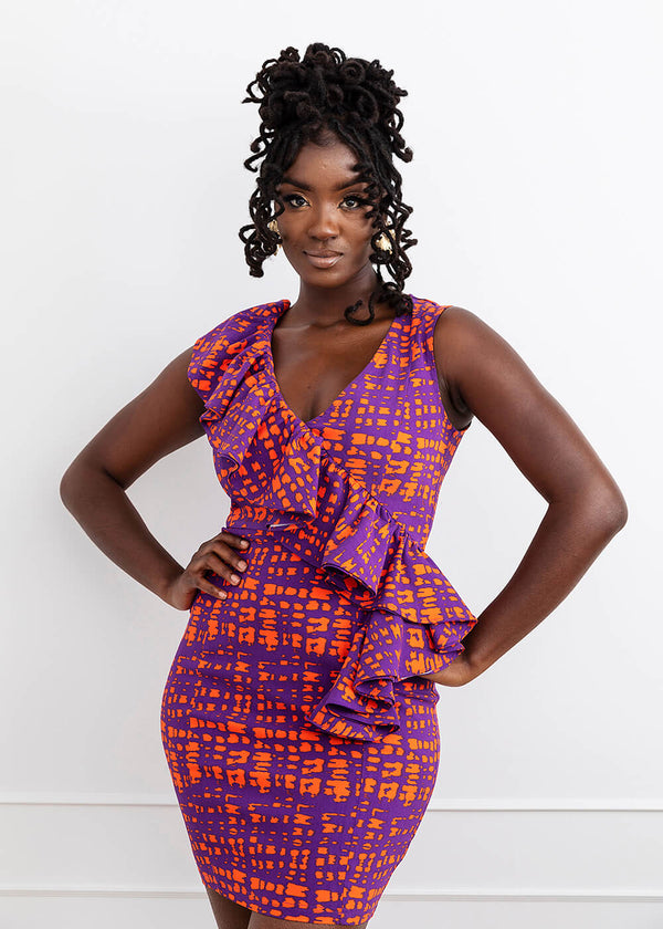 Aretta Women's African Print Stretch Dress (Purple Tangerine Adire)-Clearance