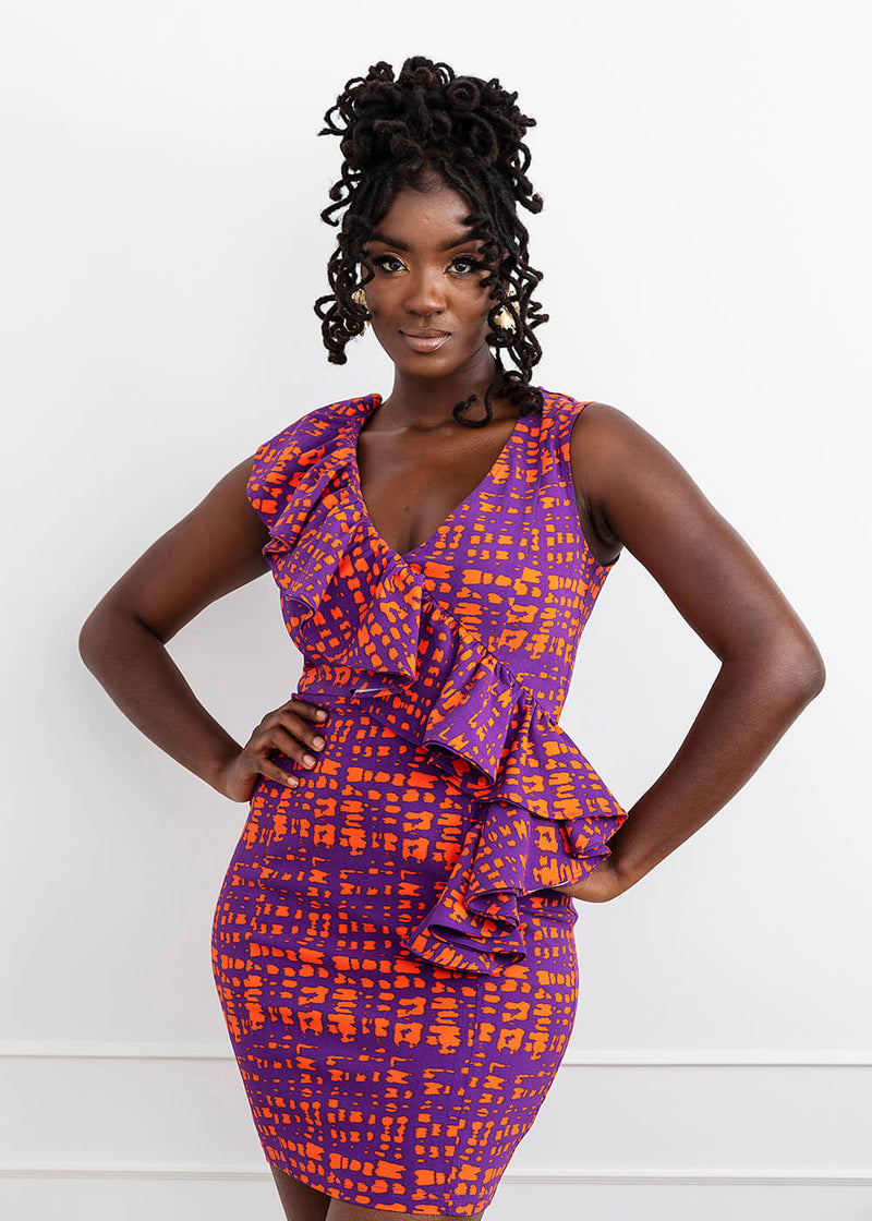 Aretta Women's African Print Stretch Dress Purple Tangerine Adire – D'IYANU