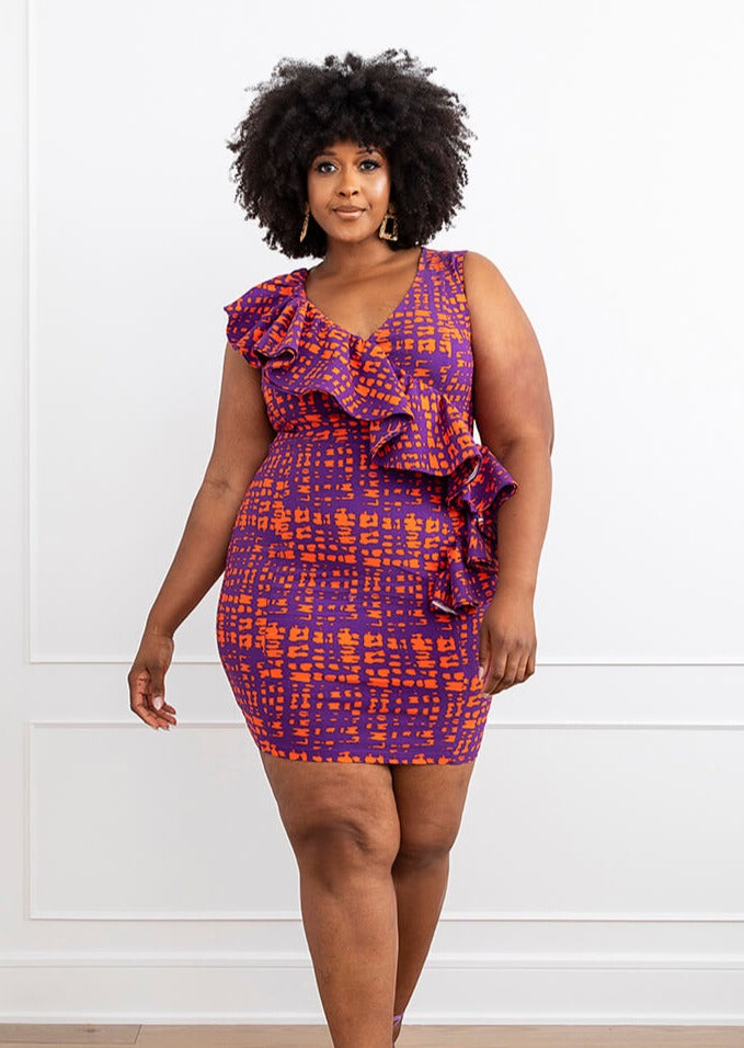 Aretta Women's African Print Stretch Dress (Purple Tangerine Adire)-Clearance