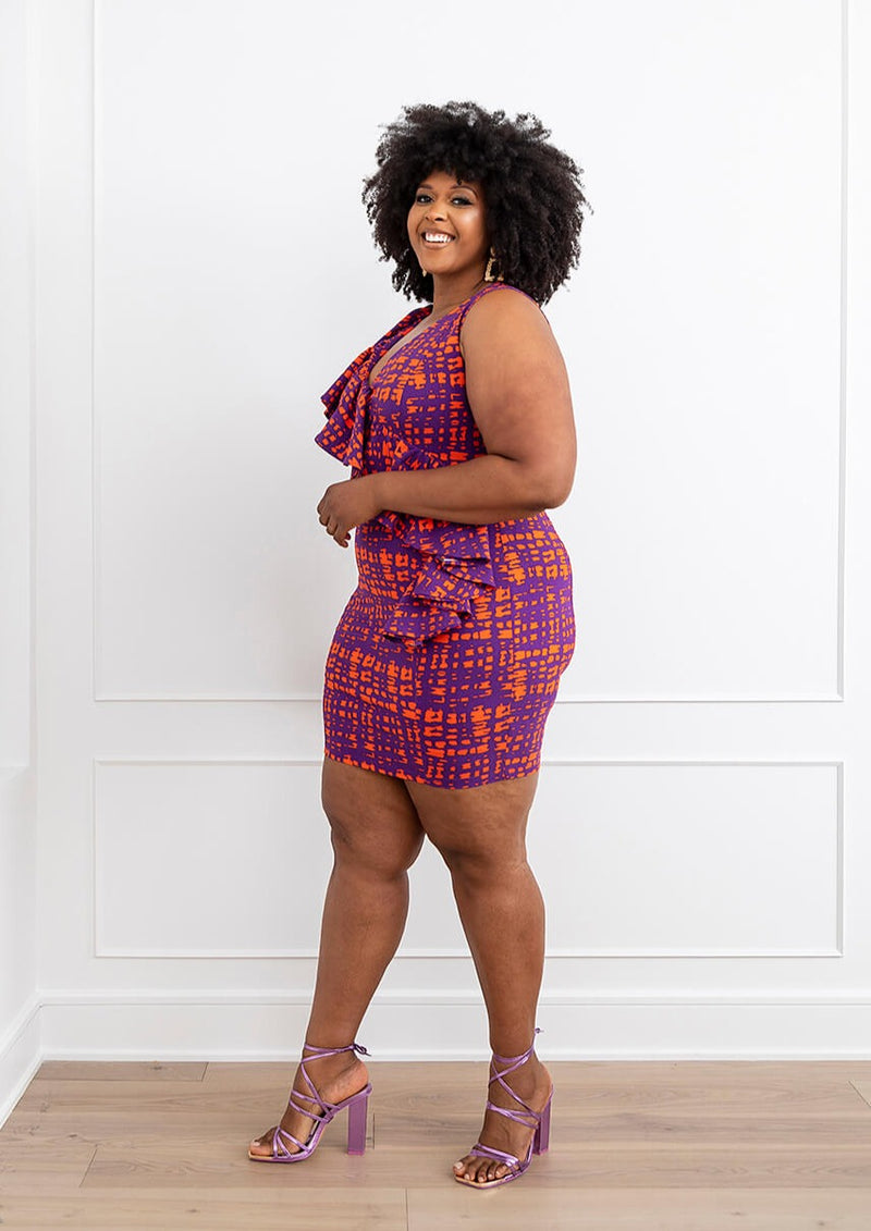 Aretta Women's African Print Stretch Dress Purple Tangerine Adire – D'IYANU