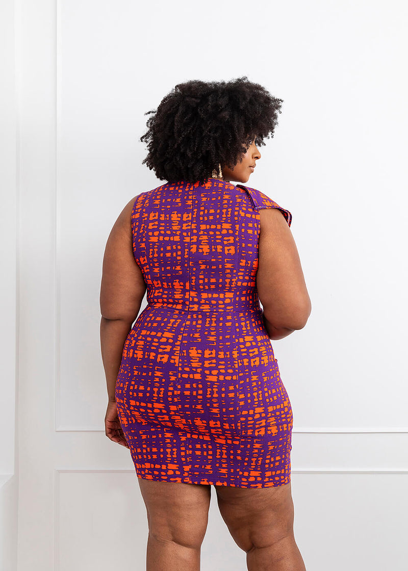 Aretta Women's African Print Stretch Dress (Purple Tangerine Adire)-Clearance