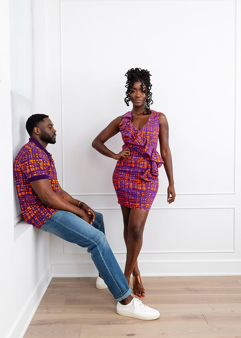Aretta Women's African Print Stretch Dress (Purple Tangerine Adire)-Clearance