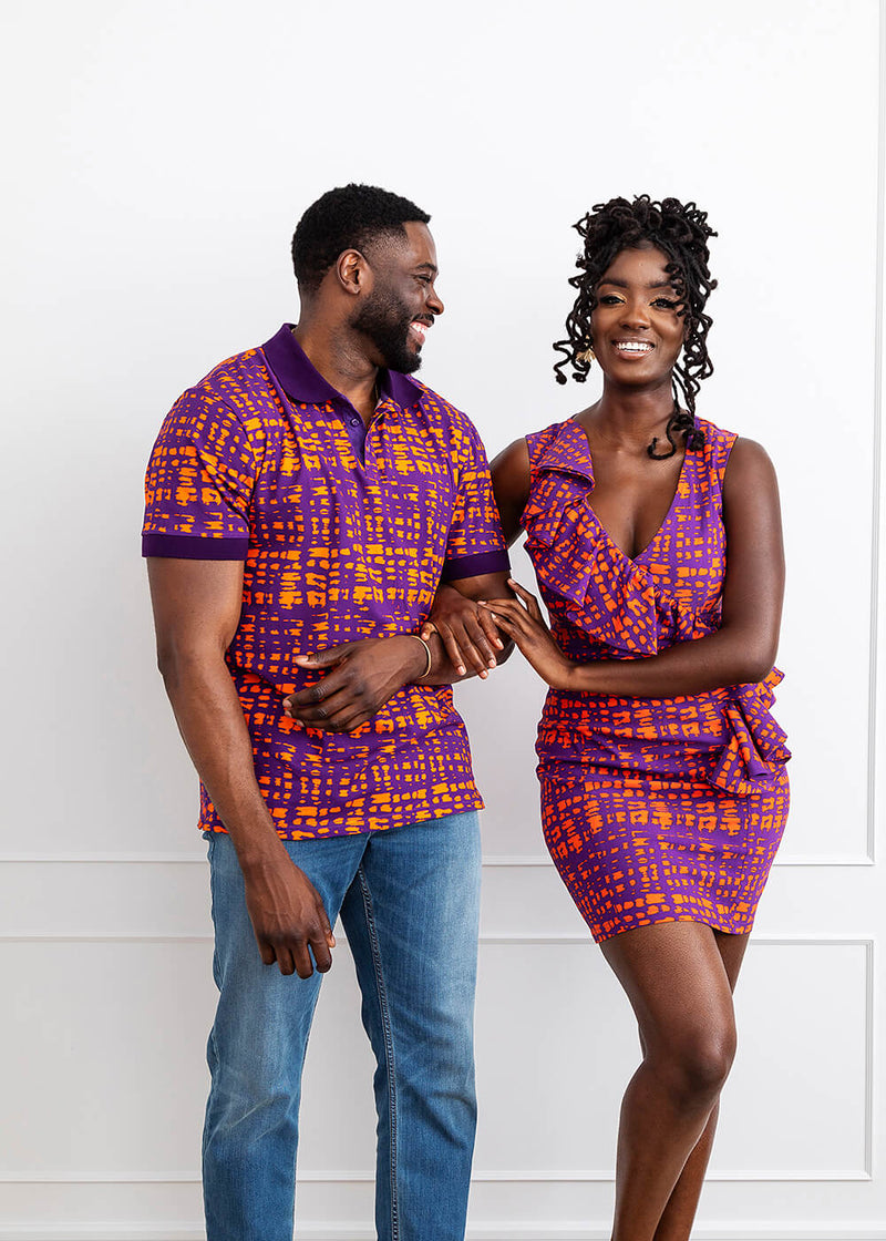 Femi Men's African Print Polo (Purple Tangerine Adire)