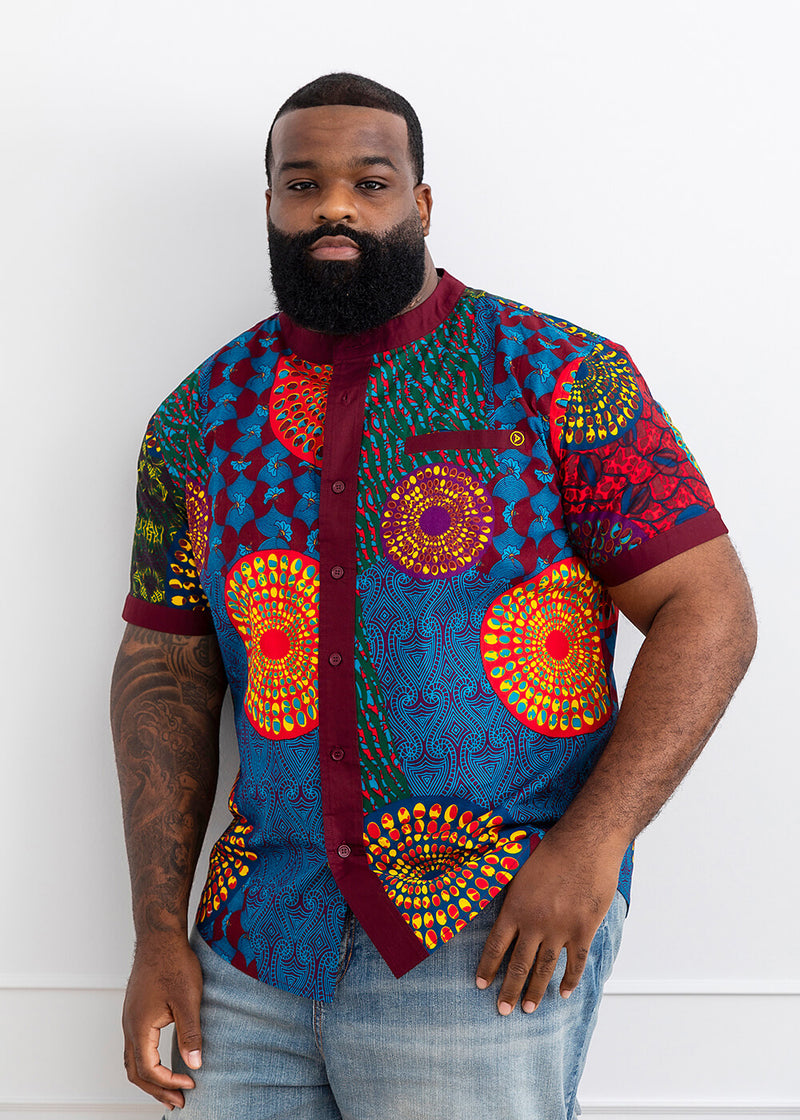 Olu Men's African Print Mandarin Collar Shirt (New Harvest Multipatter ...
