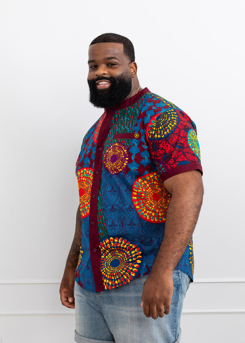 Olu Men's African Print Mandarin Collar Shirt (New Harvest Multipattern)