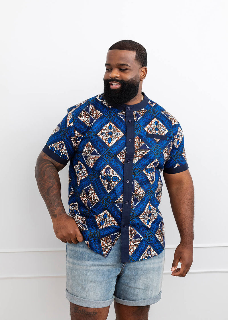 Olu Men's African Print Mandarin Collar Shirt (Blue Tan Diamonds)