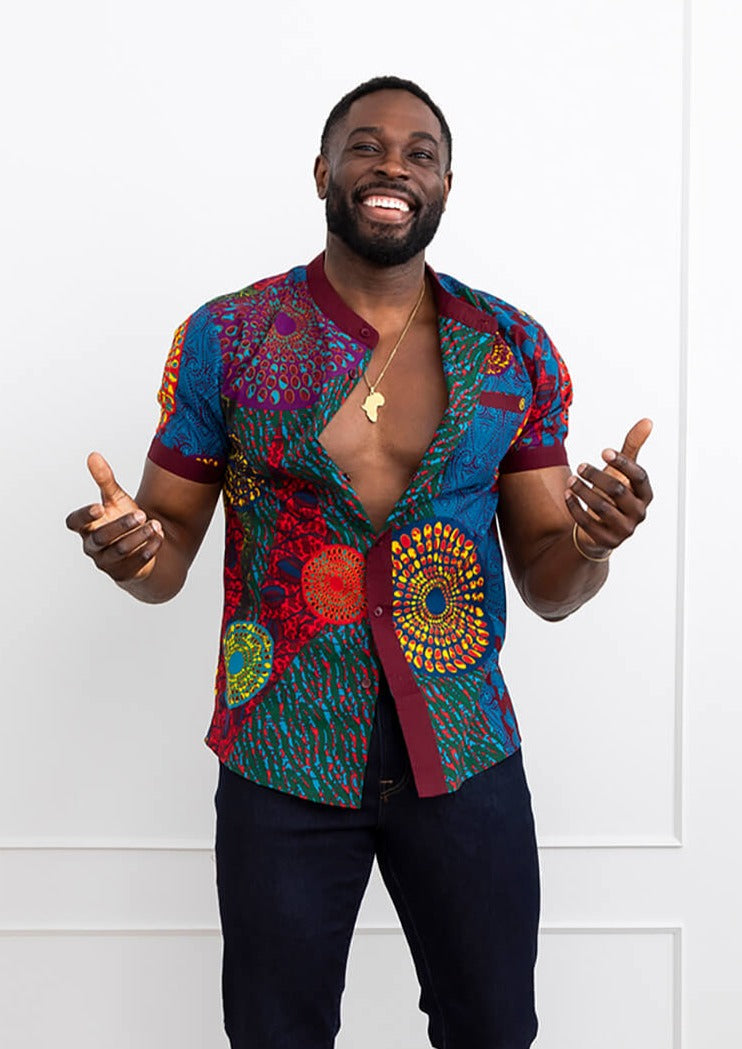 Olu Men's African Print Mandarin Collar Shirt (New Harvest Multipattern)