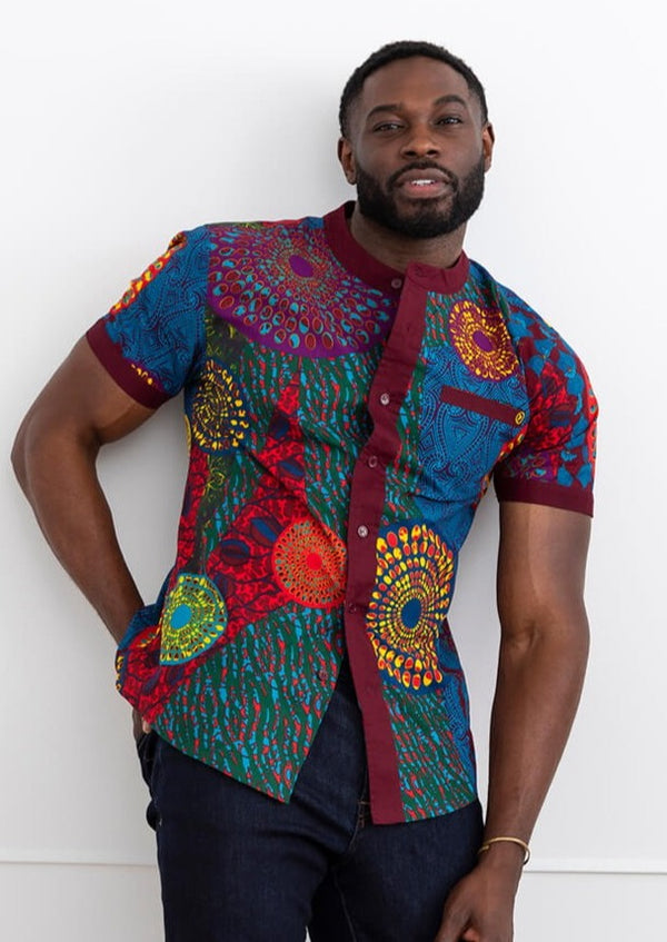 Olu Men's African Print Mandarin Collar Shirt (New Harvest Multipattern)