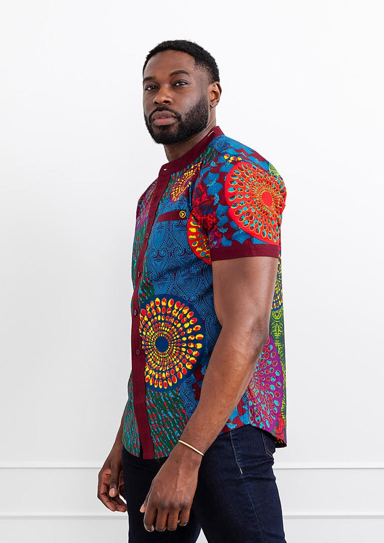 Olu Men's African Print Mandarin Collar Shirt (New Harvest Multipattern)