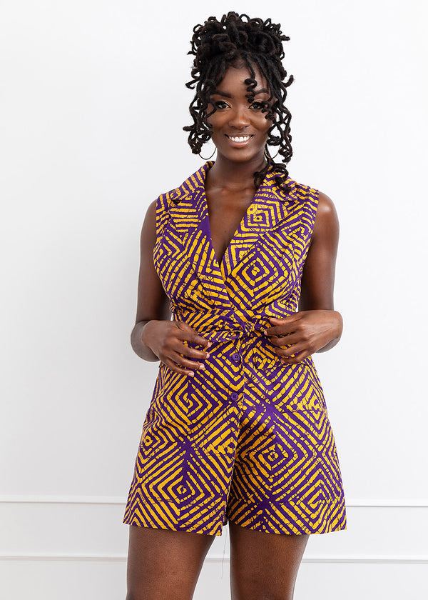 Chichima Women's African Print Blazer Romper (Purple Diamond Adire)