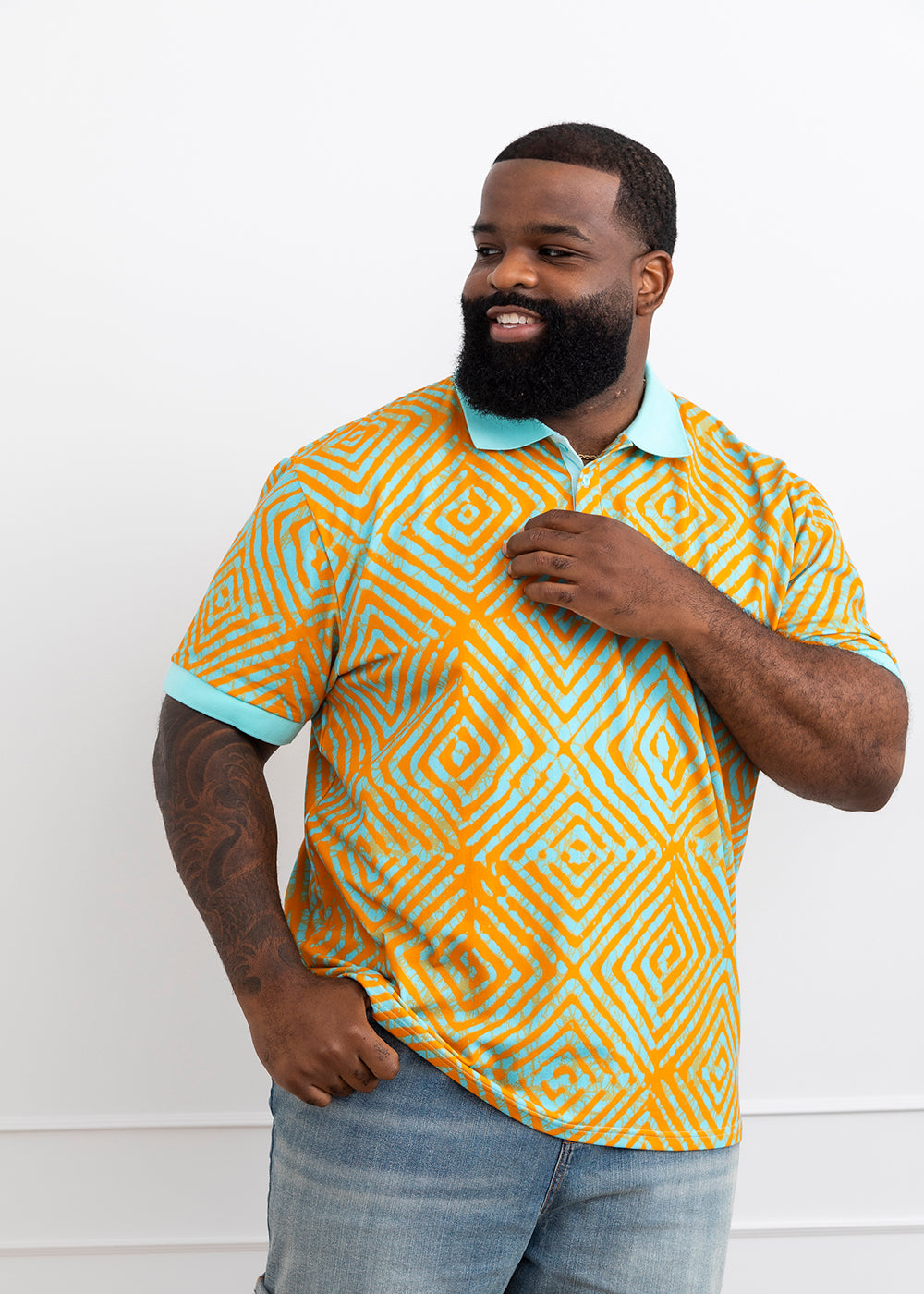 Femi African Print Color-Blocked Polo Shirt (Orange Blue Adire) - Clearance