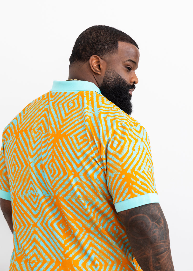 Femi African Print Color-Blocked Polo (Orange Shirt Adire) – Blue D\'IYANU