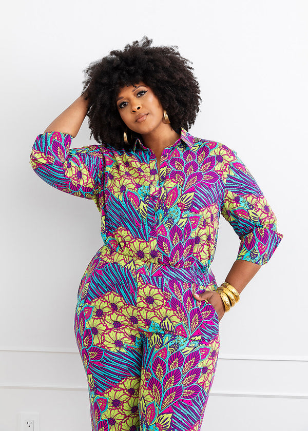 Kwamena Women's African Inspired Floral Print Button-Up Shirt (Aqua Flowers)