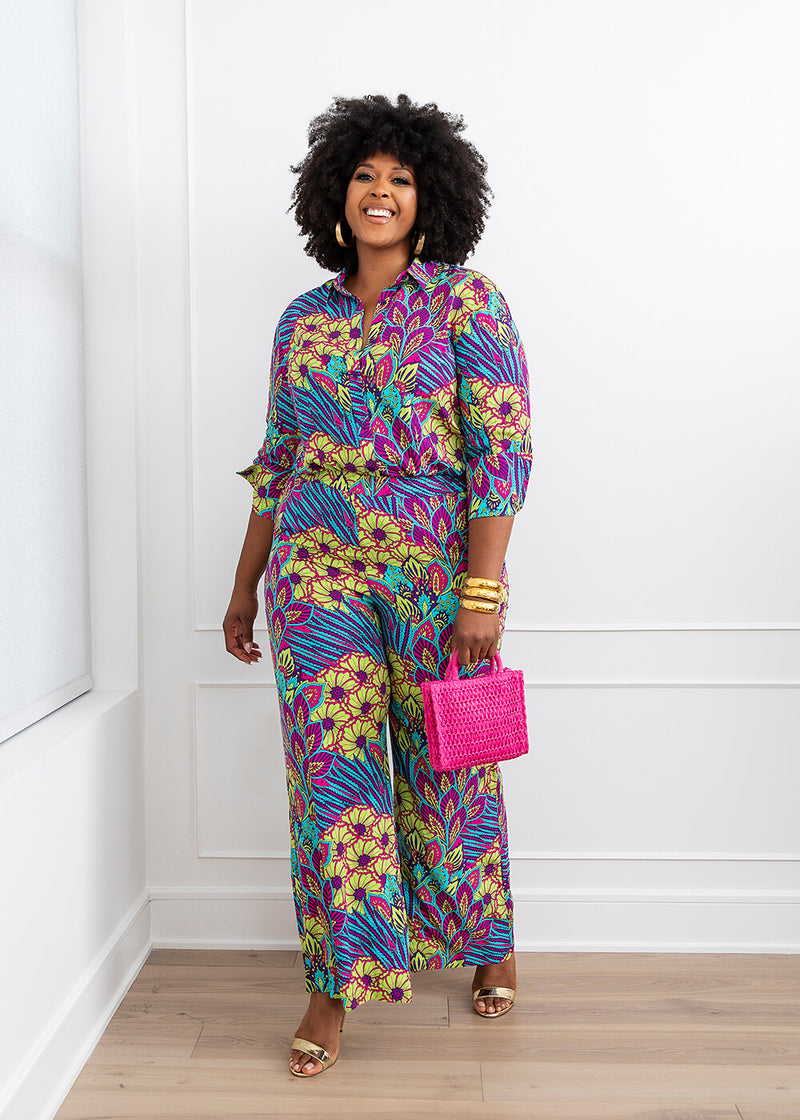 Sika Women's African Print Wide Leg Pants (Aqua Flowers)