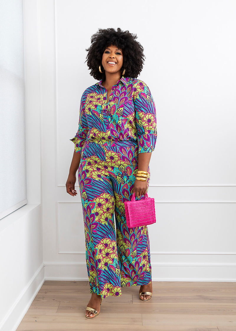 Kwamena Women's African Inspired Floral Print Button-Up Shirt (Aqua Flowers)-Cearance