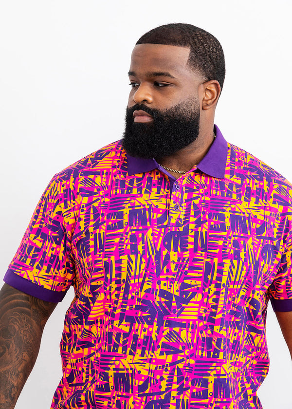 Femi African Print Color-Blocked Polo Shirt (Orange Abstract Leaves)