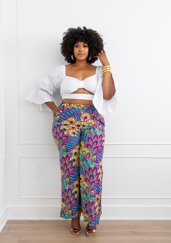 Sika Women's African Print Wide Leg Pants (Aqua Flowers)-Clearance