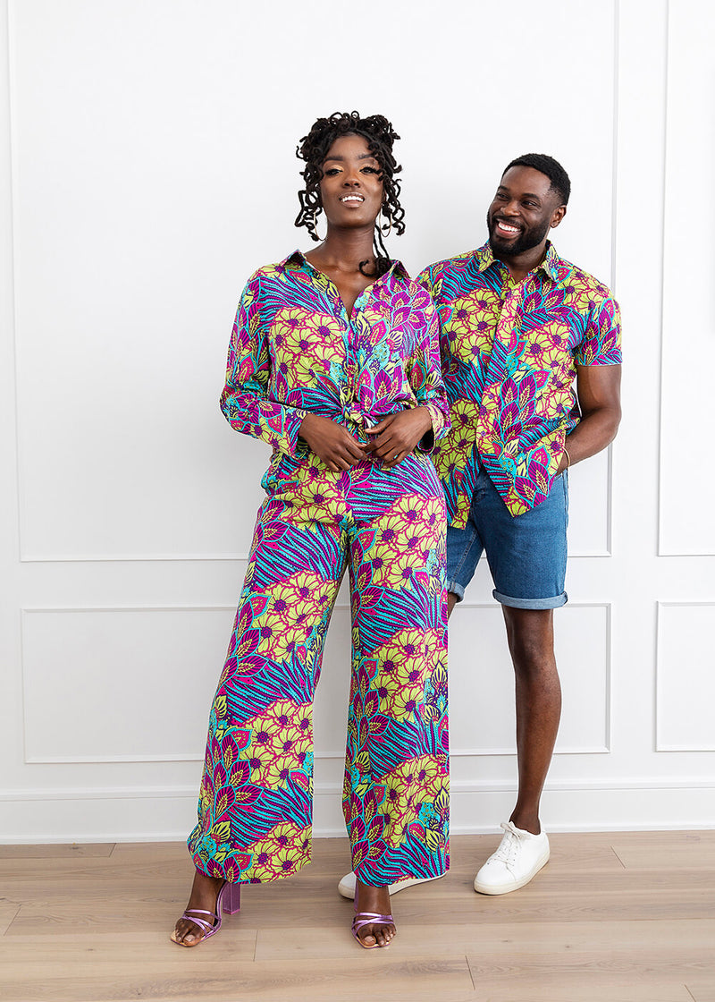 Tahir Men's African Print Button-Up Shirt (Aqua Flowers)