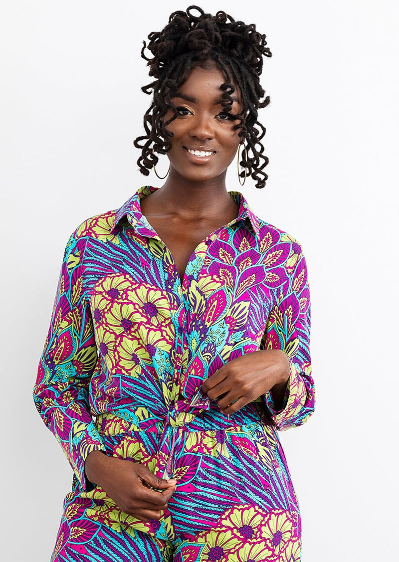 Kwamena Women's African Inspired Floral Print Button-Up Shirt (Aqua Flowers)-Cearance