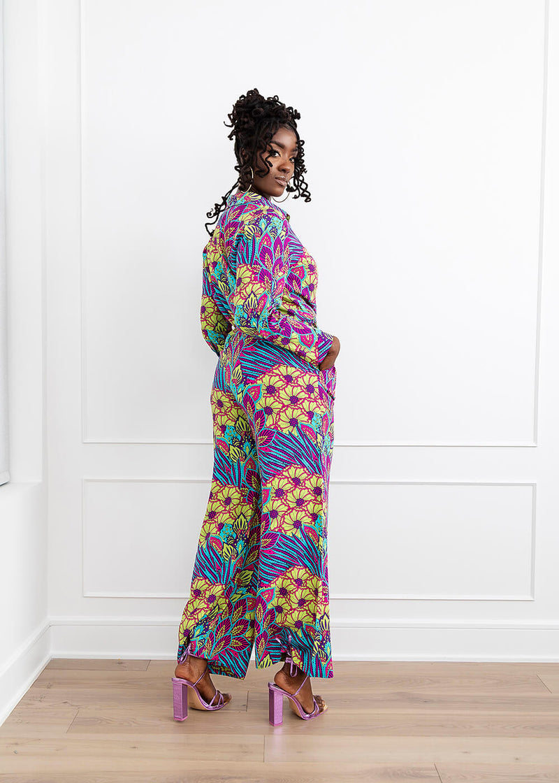 Sika Women's African Print Wide Leg Pants (Aqua Flowers)