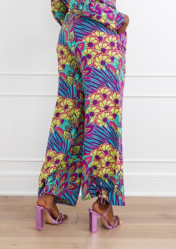 Sika Women's African Print Wide Leg Pants (Aqua Flowers)