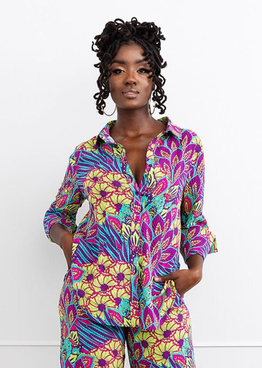 Kwamena Women's African Inspired Floral Print Button-Up Shirt (Aqua Flowers)