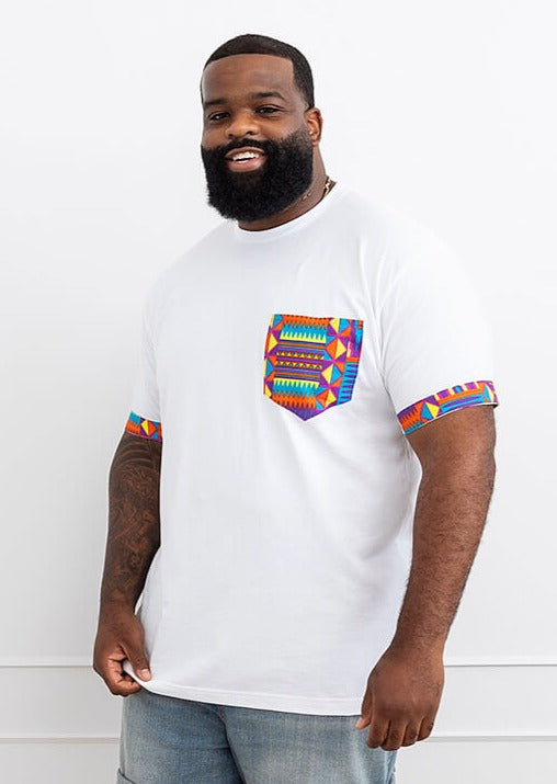 Seun Men's African Print T-Shirt with Pocket (Rainbow Kente)