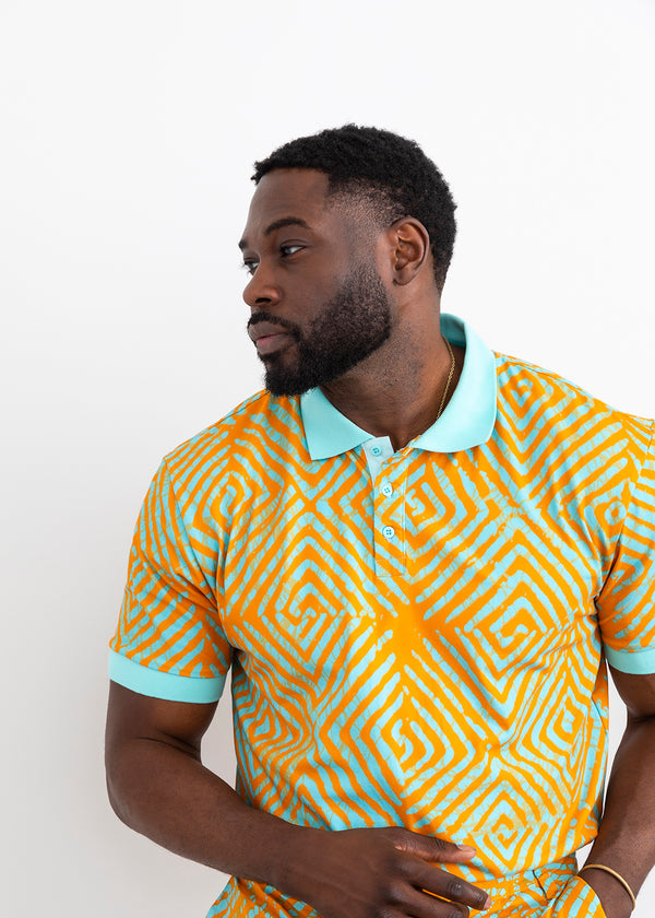 Femi African Print Color-Blocked Polo Shirt (Orange Blue Adire)