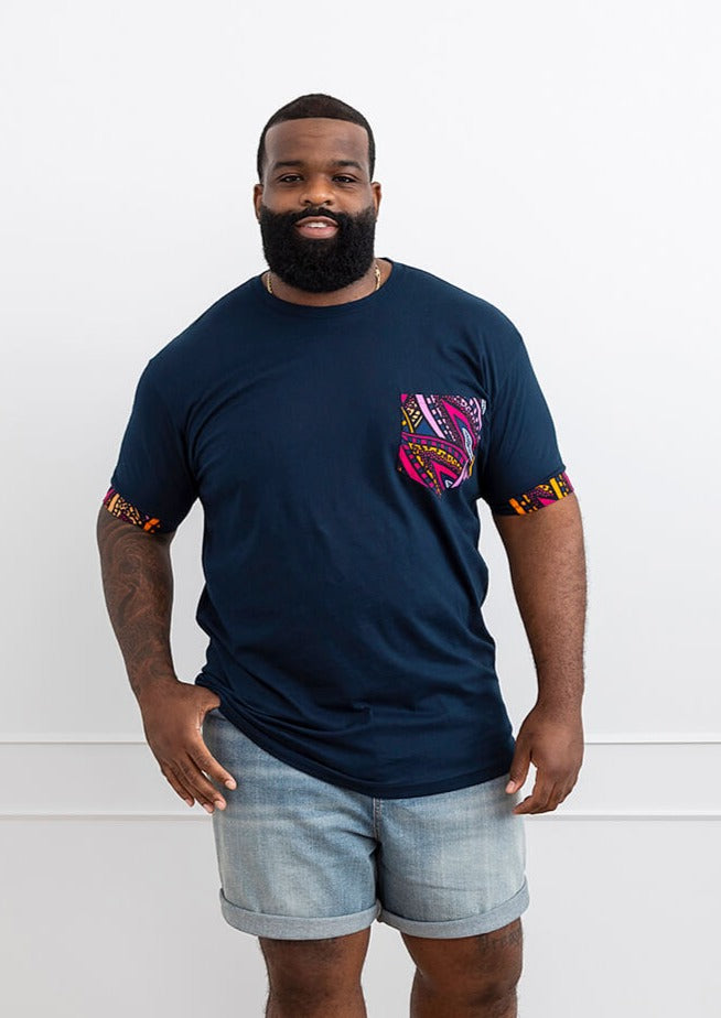 Seun Men's African Print T-Shirt with Pocket (Sunset Leaves)