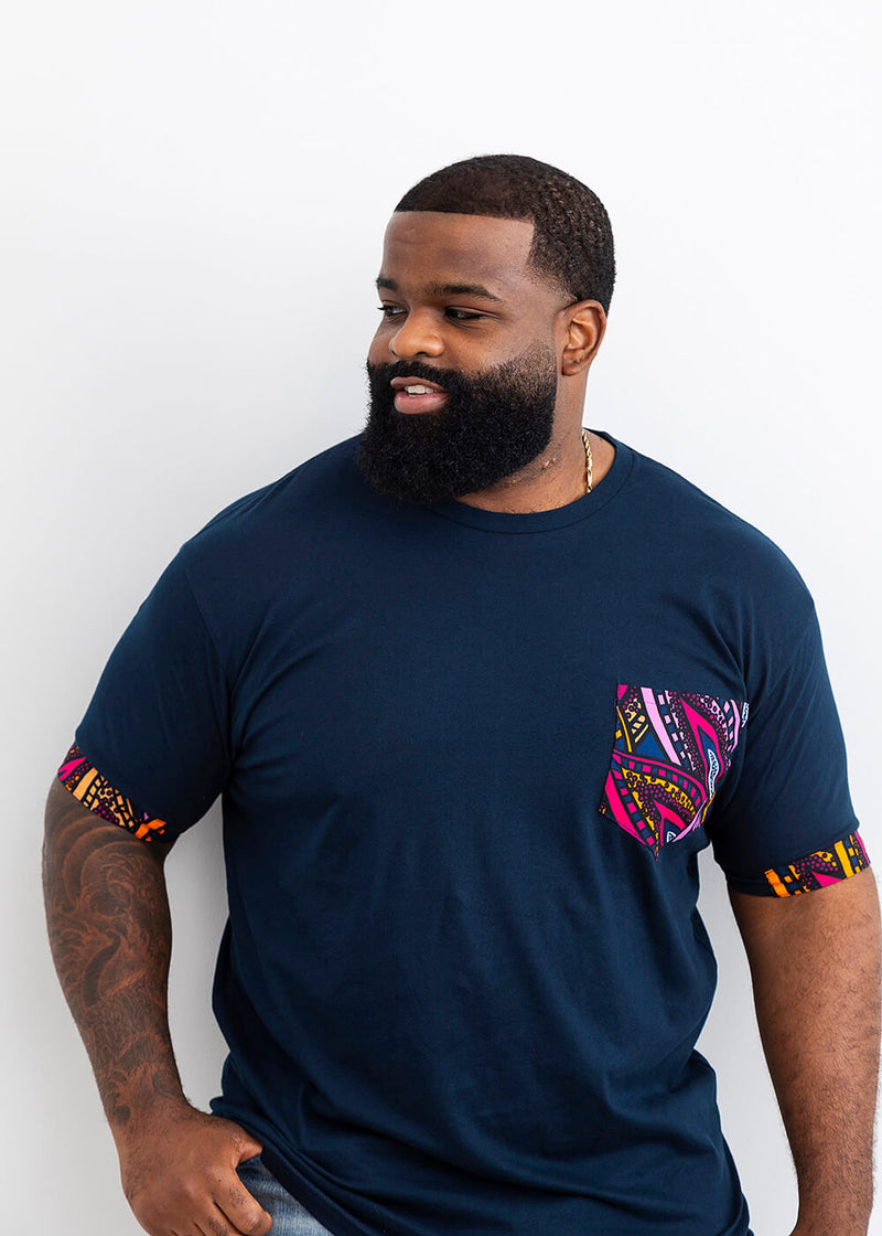 Seun Men's African Print T-Shirt with Pocket (Sunset Leaves)