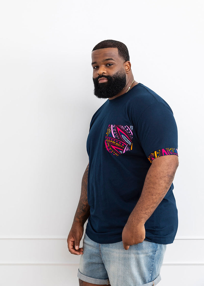 Seun Men's African Print T-Shirt with Pocket (Sunset Leaves)