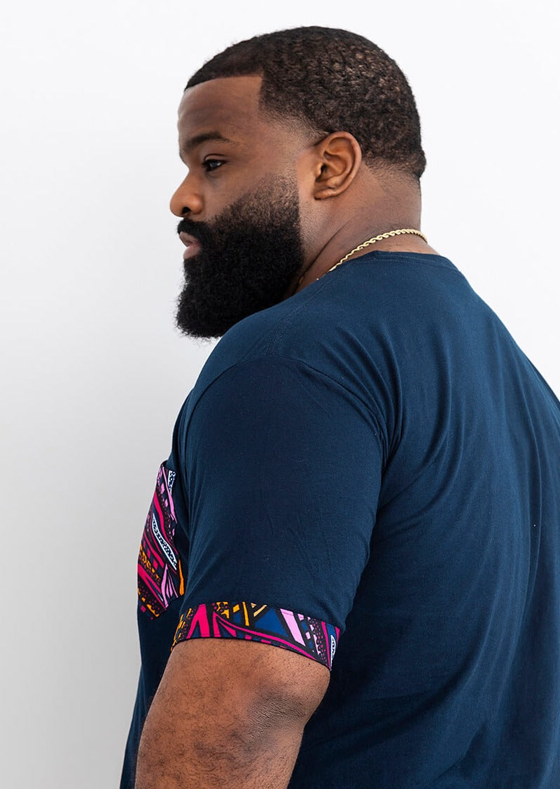 Seun Men's African Print T-Shirt with Pocket (Sunset Leaves)