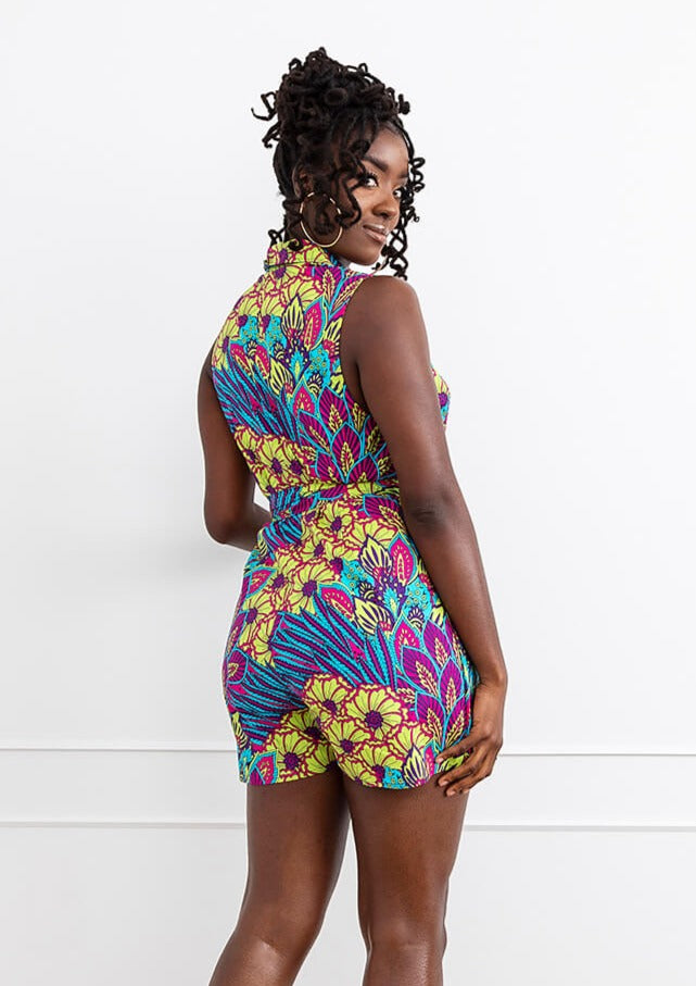 Chichima Women's African Print Blazer Romper Aqua Flowers – D'IYANU