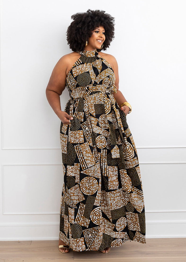 Ronke African Print Halter Maxi Dress (Black Brown Geometric)