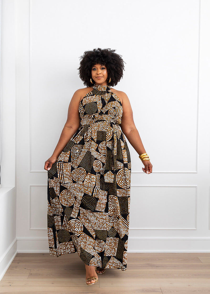 Ronke African Print Halter Maxi Dress (Black Brown Geometric)